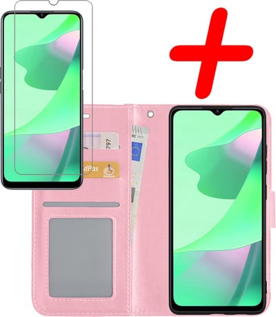 Hoesje Met Screenprotector - Geschikt voor OPPO A16 - Luxe Pasjeshouder - Bookcase Portemonee - Flip Case - Kunstleer Book Case - Flipcase - Book Cover - Walletcase - Portemonneehoes - Lichtroze