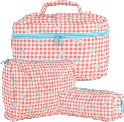 Make-up Tas Set voor Vrouwen - Reis Toilettas met Geborduurde Bloemen en Ruitpatroon - Ideaal voor Cosmetica en Toilettartikelen