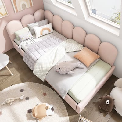 MODENUIT Gestoffeerd dagbed 90x200 cm – L-vormig bed met 2 laden – Verwisselbare zijden – Fluweel – Zonder matras – Roze