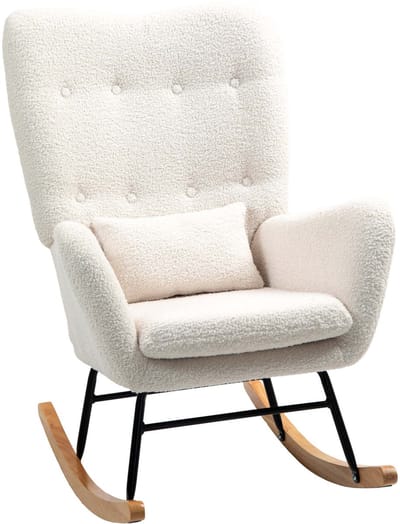 Schommelstoel fauteuil leesstoel relaxstoel 69x92x100cm wit zachte huidvriendelijke stof comfortabele dikke bekleding met antislip viltstrips en houten glijders stevig duurzaam metalen frame geschikt voor woonkamer en slaapkamer