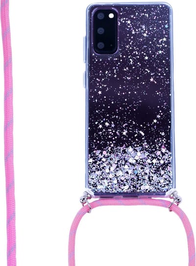 ShieldCase Glitter hoesje met koord geschikt voor Samsung Galaxy S20 - Siliconen hoesje met roze telefoonkoord - Dames telefoonhoesje - roze