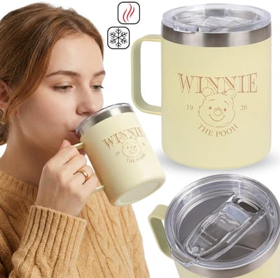 DISNEY Winnie de Poeh Thermische beker met handvat, voor koffie, roestvrijstalen reisbeker, lekvrij 400 ml
