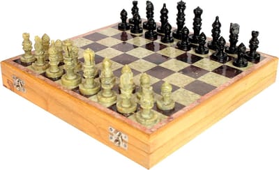 Schaakbordspel van Steen en Hout - Handgemaakt Schaakspel met Stenen Figuren (30 x 30 cm)