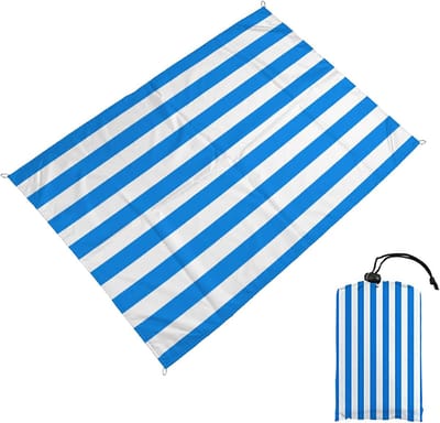 Famanu – Blauwe gestreepte picknickdeken - waterdicht - 140 x 150 cm - stranddeken - zandvrij - waterdicht - met tas met trekkoord - opvouwbare strandmat (blauw-wit-rood gestreept)