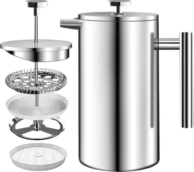 Koffiezetapparaat - Franse Pers - Koffie Zetten - 3 Niveau Filtersysteem - 1 Liter - Zilver
