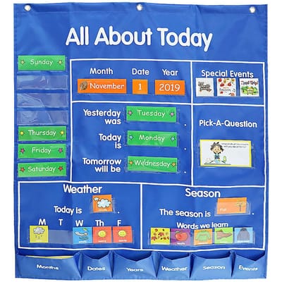 School klas zakdiagram met datum maand jaar week seizoen weer gebeurteniskaarten leraar lesgeven blauw