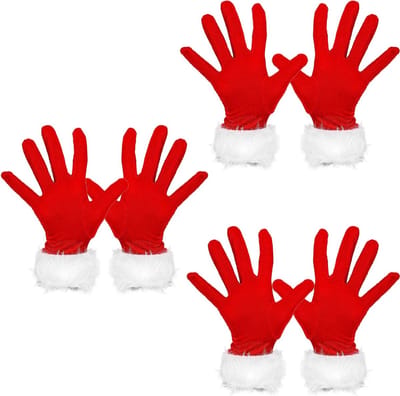 Rood Fluwelen Bont Kostuum met Handschoenen voor Dames en Meisjes, Perfect voor Kerstfeest, 3 Paar, Eén Maat