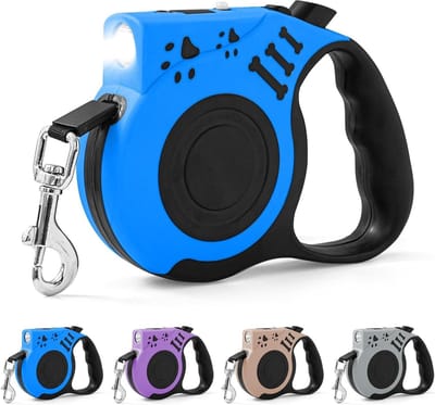 Uitschuifbare Hondenriem 16ft (5m) - Met Oplaadbare Zaklamp voor Nachttraining - Automatisch Telescopisch - Geschikt voor Kleine en Middelgrote Honden - Blauw - 1 Stuk