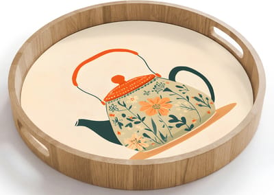 Dienblad rond 40x40 cm - Schootdienblad hout - Oranje - Theepot - Bloemen - Bladeren - Borrelplank rechthoek - Plateau houten dienbladen