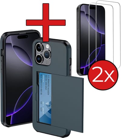 Hoesje Geschikt voor iPhone 16 Pro Hoesje Met Pasjeshouder Hard Case Met Kaarthouder Met 2x Screenprotector - Hoes Geschikt voor iPhone 16 Pro Hoesje Pashouder Case - Donkerblauw