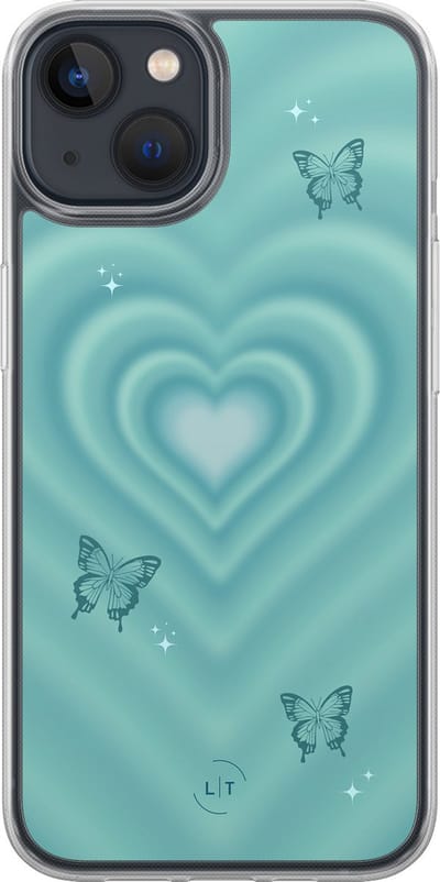 Hoesje geschikt voor iPhone 13 - Retro hart vlinder - 2in1 backcover - Print / Illustratie - Blauw - Leuke Telefoonhoesjes