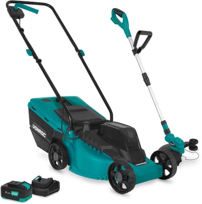 VONROC Accu Grasmaaier 20V en Grastrimmer 20V - Complete Set - 32 cm maaibreedte - Borstel-loze motor - Drie instelbare maaihoogtes: 30/50/70 mm - Incl. 30L Opvangbak - Incl. 4.0Ah Accu en snellader