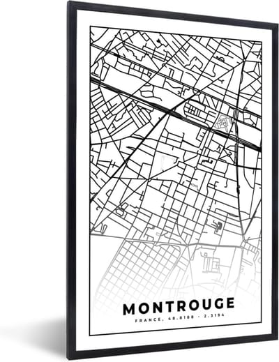 Fotolijst incl. Poster Zwart Wit- Stadskaart – Plattegrond – Montrouge - Kaart – Frankrijk - Zwart wit - 40x60 cm - Posterlijst