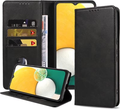 Smartphonica Samsung Galaxy A13 5G kunstleren hoesje met magnetische sluiting en pashouders book case - zwart geschikt voor Samsung Galaxy A13 5G