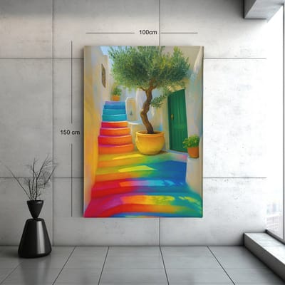Canvas Schilderij – Regenboog Trap met Olijfboom – Kleurrijke Wanddecoratie - 60x40x2 cm