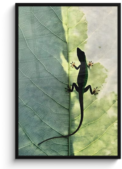 Poster in lijst - Fotolijst 80x120 cm - Posters - Hagedis - Blad - Nerven - Groen - Posterlijst zwart - Decoratie - Wanddecoratie woonkamer - Muurdecoratie slaapkamer