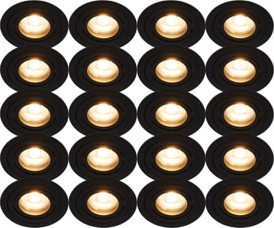 Inbouwspot zwart rond kantelbaar - Met GU10 fitting en dimbare GU10 LED lamp - 20 stuks