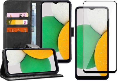 Hoesje geschikt voor Samsung Galaxy A03 Core - Book Case Kunstleer Wallet Cover Portemonnee Pasjeshouder Hoes Zwart - Full Tempered Glass Screenprotector