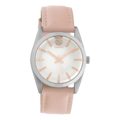 OOZOO Timepieces - Zilverkleurige horloge met zacht roze leren band - C10189