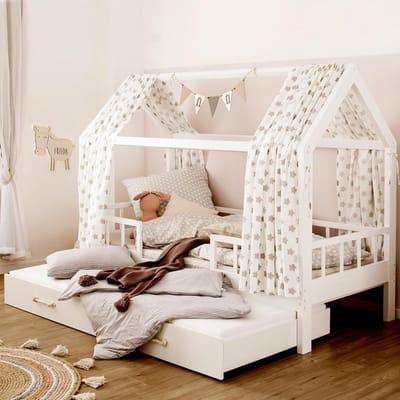 Huisbed Kinderbed 200 x 90 cm Wit Houten Bed met Valbeveiliging en Onderbed