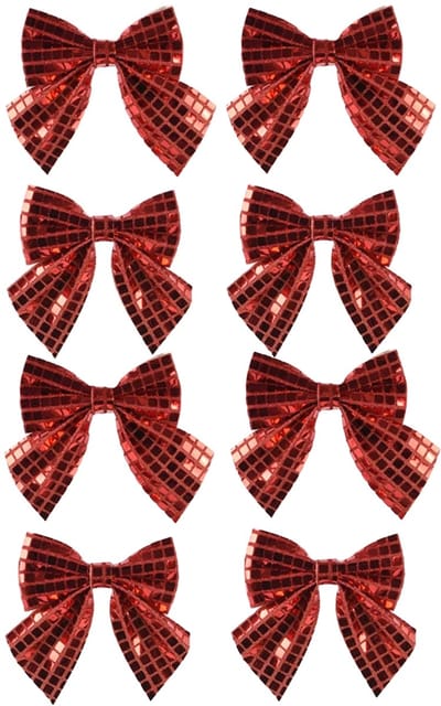 Decoris Kerstornamenten strikken - 8x - rode pailletten - 12 x 13 cm - kerstboomstrikjes - kerstboomversiering strikjes