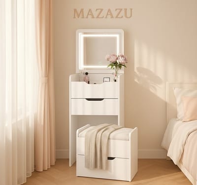MAZAZU - Kaptafel met spiegel - LED Spiegel - Nachtkast - Krukje – Compacte Make-up Tafel – Wit – 120 x 48 x40 cm