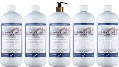 Body & Hair Creamy Wellness 1 liter met gouden pomp - set van 5 stuks - 2 in 1 voor lichaam en haar - voordeelverpakking