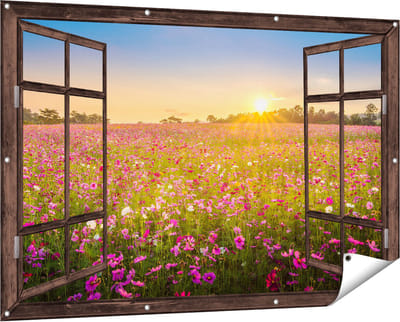 Gards Tuinposter Doorkijk Bloemenveld met Roze Kosmos - 150x100 cm - Tuindoek - Tuindecoratie - Wanddecoratie buiten - Tuinschilderij