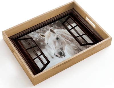 Dienblad hout 40x30 cm - Schootdienblad - Doorkijk - Paard - Wit - Winterlandschap - Sneeuw - Borrelplank rechthoek - Plateau dienbladen