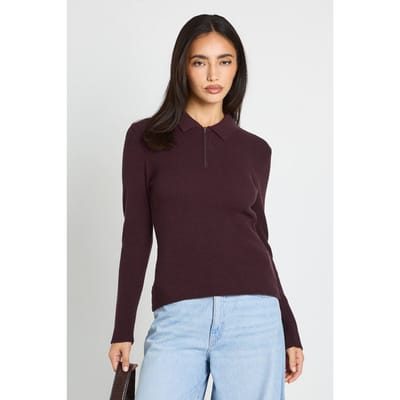 boohoo Dames Premium lange mouw getailleerde ribgebreide top met kraag | Chocolate | Maat: Small