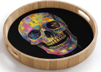Dienblad rond 40x40 cm - Schootdienblad hout - Penseelstreken - Schedel - Kleurrijk - Abstract - Borrelplank rechthoek - Plateau houten dienbladen
