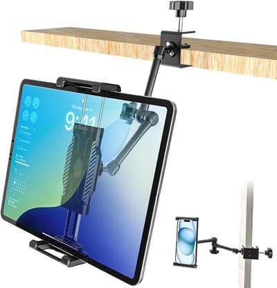 Tablethouder Keuken [Volledig Verstelbare Hoek] Bureau Tafel Bord Plank Tablet Standaard met Metalen Arm voor Tablets en Telefoons 6-14.6", iPad Pro 13" Air Mini, Galaxy Tab Ultra, Fire HD enz