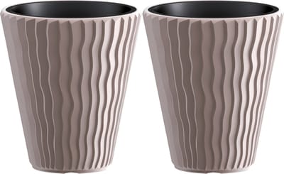 Prosperplast Plantenpot/bloempot Sand Waves - 2x - buiten/binnen - kunststof - beige - D39 x H43 cm - met binnenpot