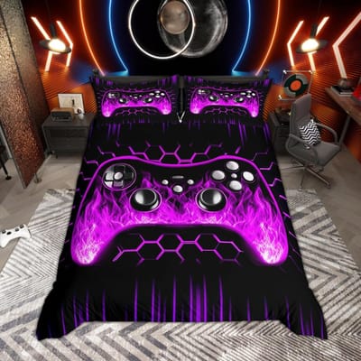 Homewish Jongens Gamer Gaming Dekbedovertrek Set Neon Lichten Honingraat Beddengoed Zwart Omkeerbare Dekbedovertrek Set 220*240cm 3pcs