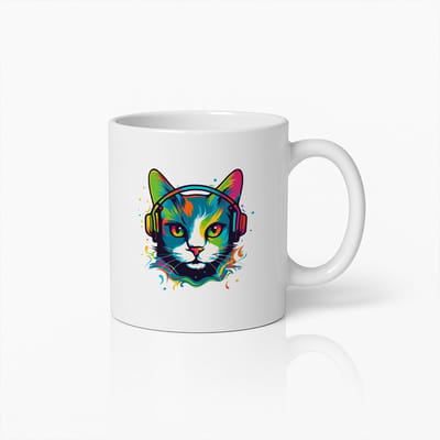 Koffiemok 330ml – Kleurrijke Kat met Koptelefoon Design – Cadeau voor Kattenliefhebbers, Muziekfans, Vrienden, Kantoor, Thuis