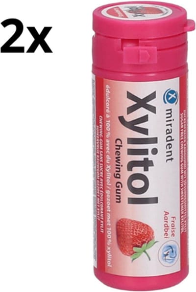 Miradent Xylitol Kauwgom | Aardbei | 2 x 30 stuks | Voordeelverpakking