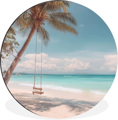 WallCircle - Wandcirkel - Muurcirkel - Palmboom - Schommel - Strand - Lucht - Aluminium - Dibond - 30x30 cm - Binnen en Buiten