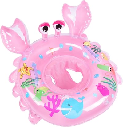 Roze Krab Vorm Baby Zwemstoel 55cm met Zeedierenprint en Handgrepen – Anti-Kantel Veilige Zwemband voor Peuters en Kleine Kinderen