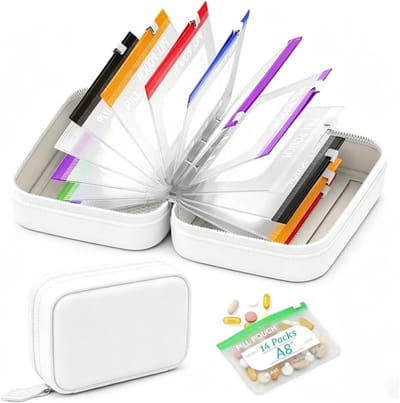 Pillendoos - Opbergdoos - Waterdichte Pillenzak Set - 14-delig Weekpillen Organizer met Gekleurde Zakjes - Herbruikbare Reis Medicijnhouder - Wit