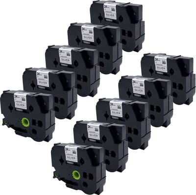 DULA Brother Compatible label tape- Tze-951 - 10 cassettes - Brother P-Touch - Zwart op zilver -24mm x 8m