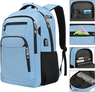 Wishdor Laptoprugzak 15.6 inch - Schooltas & Werkrugzak voor Dames en Heren - Met USB Poort & Anti-Diefstal Vak - Waterafstotend - Lichtblauw
