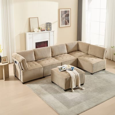 Intebiki Hoekbank 308 x 154 x 81.99 cm - Modulaire 6-Zits Bank - met verplaatsbare hocker en opbergruimte - flexibel L/U-vormig ontwerp - voor woonkamer of kantoor - chenille - ergonomisch - kaki