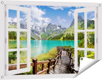 Gards Tuinposter Doorkijk Pad naar een Helder Blauw Meer in de Bergen - 90x60 cm - Tuindoek - Tuindecoratie - Wanddecoratie buiten - Tuinschilderij