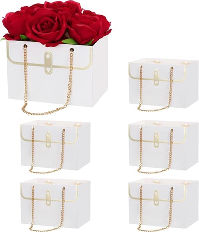 Papieren bloemengeschenkzakken - 6 stuks - papieren boeket - geschenkzakje met handvat - rechthoekige metalen ketting - draagtas voor bloemist - bruiloft - feest - verjaardagen - wit