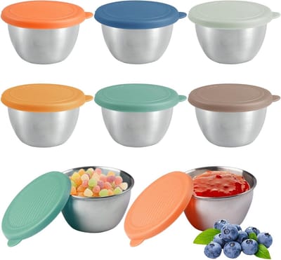 Set van 6 Herbruikbare Saladedressing Containers van RVS met Kleurrijke Siliconen Deksel, 80ml - Lekvrij, Lichtgewicht en Vaatwasserbestendig voor Sauzen, Dips en Dressings