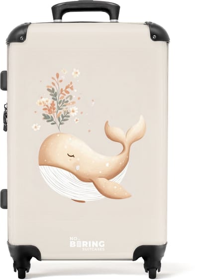 NoBoringSuitcases.com® - Kinderkoffer - Kindertrolley jongen en meisje - Walvis in pastel beige kleuren - Koffer kind groot - Rolkoffer lichtgewicht - Reiskoffer met 4 wielen - Grote trolley XL - 20 kg bagage