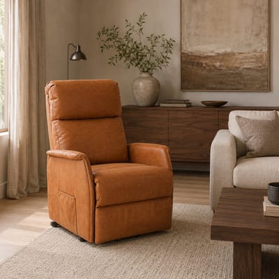Opsta Fauteuil Olivia - Micro Leder - Elektrisch Verstelbaar - Sta-op Stoel - 1 Motor - Netstroom - Cognac