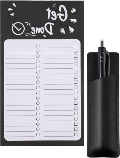 Magnetische boodschappenlijst met PU leren penhouder voor dagelijkse organisatie en planning, ideaal voor efficiënt winkelen en notities maken