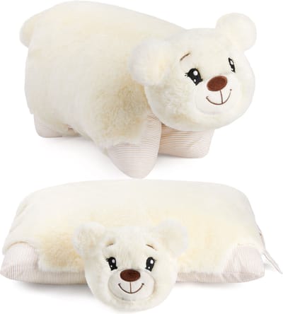 Knuffeldier Kussenbeer - 2 in 1 Teddybeer en Knuffelkussen - 40 x 30 cm Pluche Dier - Opvouwbaar Kinder Pluche Kussen met Klittenband - Dierenkussen Zacht Speelgoed Teddy - Beige
