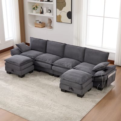 MODENUIT Hoekbank 330 x 132 cm - 4-Zits Modulair Met USB-C En Zijvakken - Voor Woonkamer - Corduroy Donkergrijs